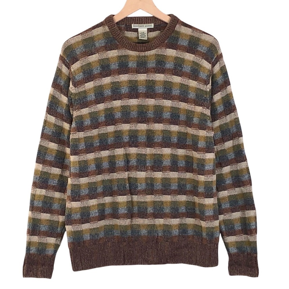 VTG Geoffrey Beene 100% Cotton Sweater Men's L 3D Knit Basket Weave Crew L/S